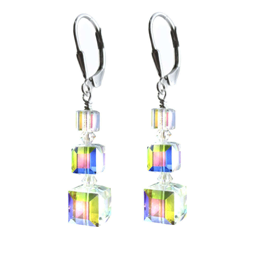 Past Present Future Earrings Made with Clear AB Swarovski Crystal Elements.