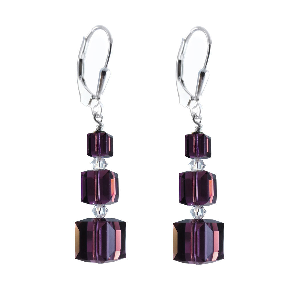 Past Present Future Earrings Made with Amethyst Colored Swarovski Crystal Elements.