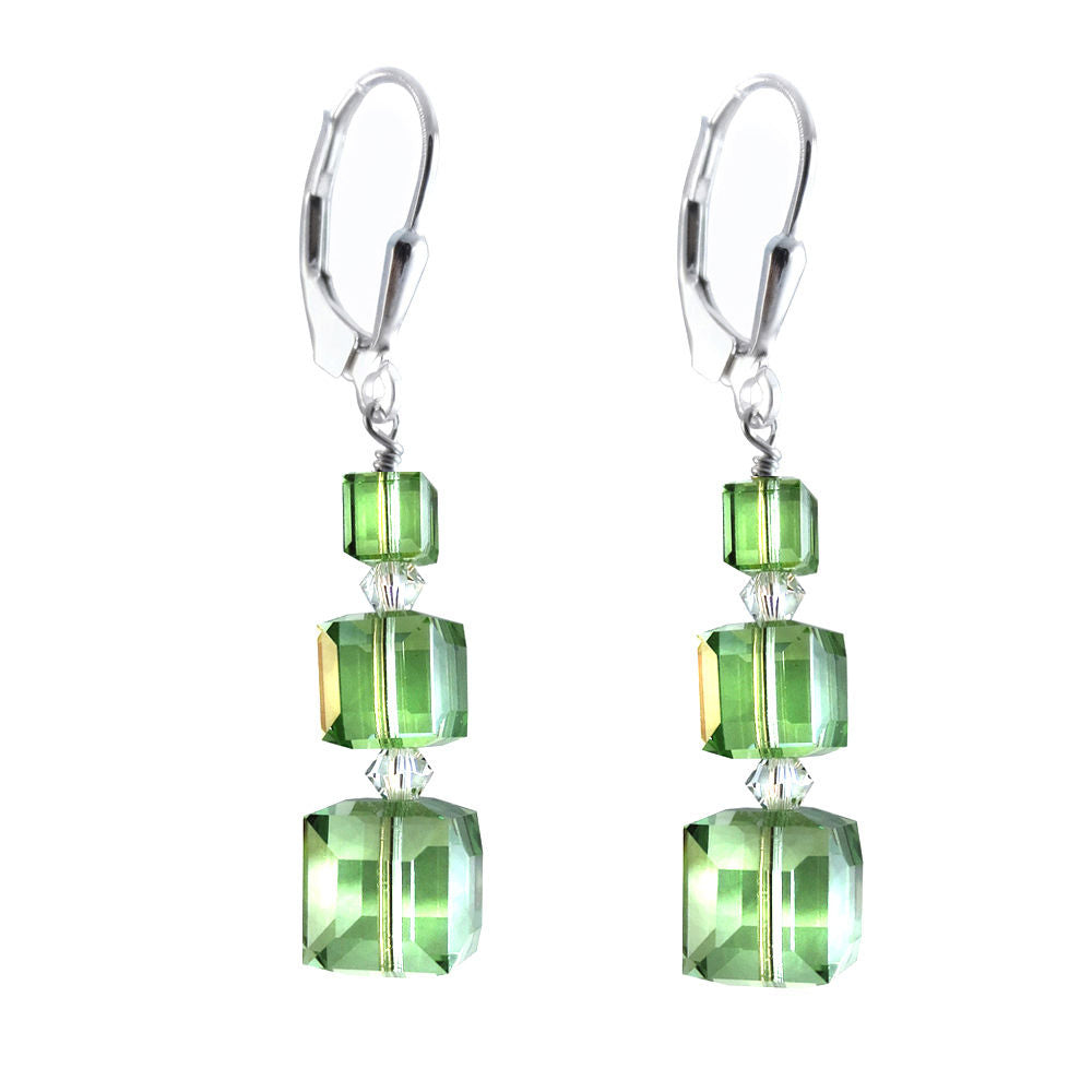 Past Present Future Earrings Made with Peridot Swarovski Crystal Elements.