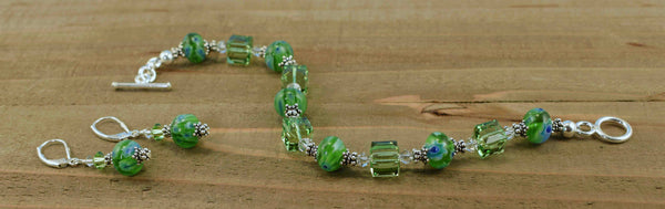 Green Millefiori Style Bracelet and Earrings